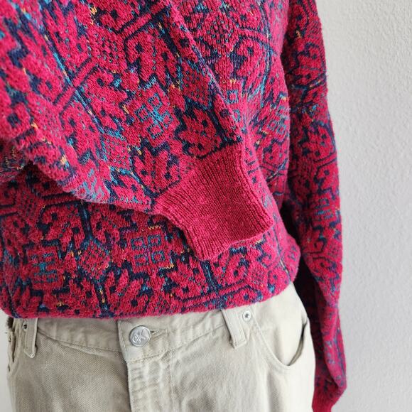Vintage 80s Isle of Cotton Red Blue Geometric Knit Sweater Drop Shoulder L - Picture 4 of 9